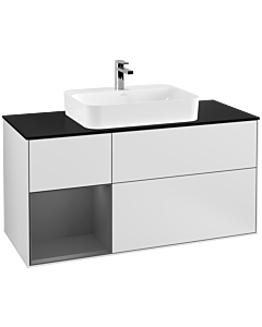 Villeroy und Boch Finion Waschtischunterschrank F412GKMT 120cm, Abdeckplatte black matt, Regal links Anthracite matt, White matt lacquer