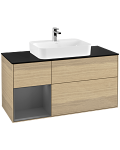 Villeroy und Boch Finion Waschtischunterschrank F412GKPC 120cm, Abdeckplatte black matt, Regal links Anthracite matt, Oak Veneer