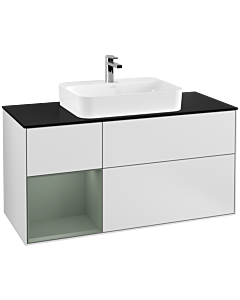 Villeroy und Boch Finion Waschtischunterschrank F412GMMT 120cm, Abdeckplatte black matt, Regal links Olive Matt Lacquer, White matt lacquer