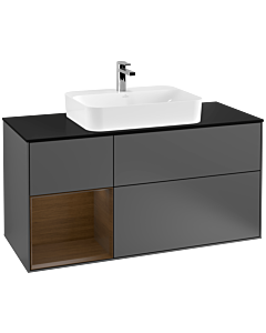 Villeroy und Boch Finion Waschtischunterschrank F412GNGK 120cm, Abdeckplatte black matt, Regal links Walnut veneer, Anthracite matt