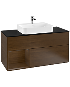 Villeroy und Boch Finion Waschtischunterschrank F412GNGN 120cm, Abdeckplatte black matt, Regal links Walnut veneer, Walnut veneer