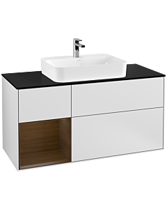 Villeroy und Boch Finion Waschtischunterschrank F412GNMT 120cm, Abdeckplatte black matt, Regal links Walnut veneer, White matt lacquer