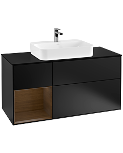 Villeroy und Boch Finion Waschtischunterschrank F412GNPD 120cm, Abdeckplatte black matt, Regal links Walnut veneer, Black matt lacquer