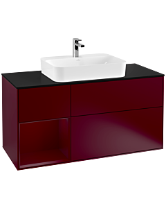 Villeroy und Boch Finion Waschtischunterschrank F412HBHB 120cm, Abdeckplatte black matt, Regal links Peony, Peony Matt