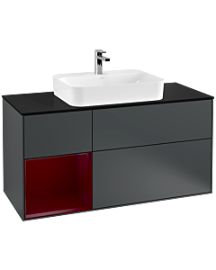 Villeroy und Boch Finion Waschtischunterschrank F412HBHG 120cm, Abdeckplatte black matt, Regal links Peony, Midnight Blue Matt Lacquer
