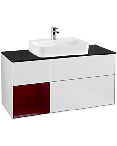 Villeroy und Boch Finion Waschtischunterschrank F412HBMT 120cm, Abdeckplatte black matt, Regal links Peony, White matt lacquer