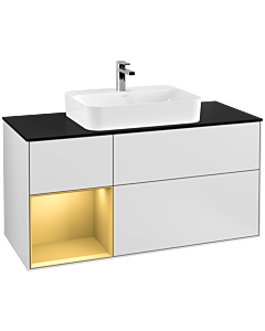 Villeroy und Boch Finion Waschtischunterschrank F412HFMT 120cm, Abdeckplatte black matt, Regal links Gold matt, White matt lacquer