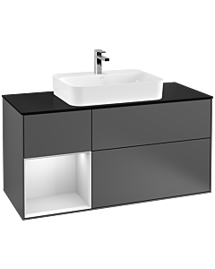 Villeroy und Boch Finion Waschtischunterschrank F412MTGK 120cm, Abdeckplatte black matt, Regal links White matt lacquer, Anthracite matt