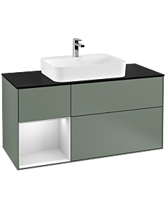 Villeroy und Boch Finion Villeroy und Boch F412MTGM 120cm, plaque de finition noir mat, étagère gauche laqué blanc mat, Olive Matt Lacquer