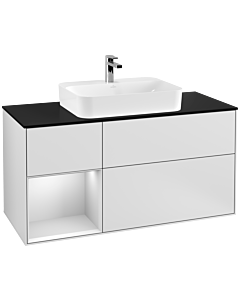 Villeroy und Boch Finion Waschtischunterschrank F412MTMT 120cm, Abdeckplatte black matt, Regal links White matt lacquer, White matt lacquer