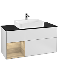 Villeroy und Boch Finion Waschtischunterschrank F412PCMT 120cm, Abdeckplatte black matt, Regal links Oak Veneer, White matt lacquer