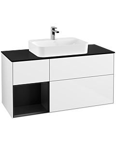 Villeroy und Boch Finion Villeroy und Boch F412PDGF 120cm, plaque de finition noir mat, étagère gauche laqué noir mat, laqué blanc brillant