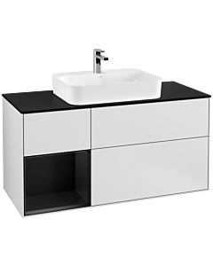 Villeroy und Boch Finion Waschtischunterschrank F412PDMT 120cm, Abdeckplatte black matt, Regal links Black matt lacquer, White matt lacquer