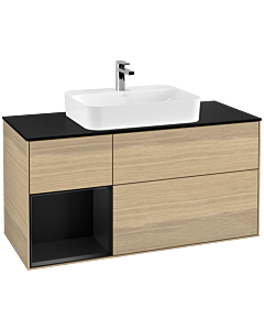 Villeroy und Boch Finion Waschtischunterschrank F412PDPC 120cm, Abdeckplatte black matt, Regal links Black matt lacquer, Oak Veneer