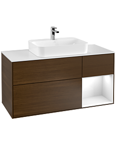 Villeroy und Boch Finion Waschtischunterschrank F421GFGN 120cm, Abdeckplatte white matt, Regal rechts Glossy white lacquer, Walnut veneer