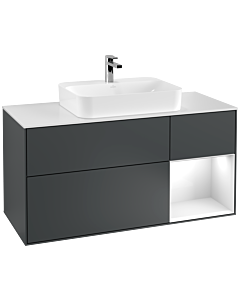 Villeroy und Boch Finion Waschtischunterschrank F421GFHG 120cm, Abdeckplatte white matt, Regal rechts Glossy white lacquer, Midnight Blue Matt Lacquer