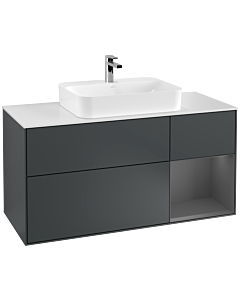 Villeroy und Boch Finion Waschtischunterschrank F421GKHG 120cm, Abdeckplatte white matt, Regal rechts Anthracite matt, Midnight Blue Matt Lacquer