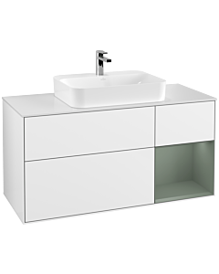 Villeroy und Boch Finion Villeroy und Boch F421GMGF 120cm, plaque de finition blanc mat, étagère à droite Olive Matt Lacquer , laqué blanc brillant