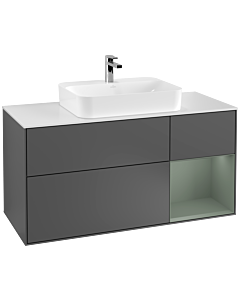 Villeroy und Boch Finion Waschtischunterschrank F421GMGK 120cm, Abdeckplatte white matt, Regal rechts Olive Matt Lacquer, Anthracite matt