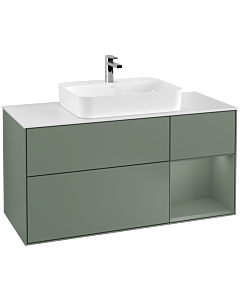 Villeroy und Boch Finion Waschtischunterschrank F421GMGM 120cm, Abdeckplatte white matt, Regal rechts Olive Matt Lacquer, Olive Matt Lacquer