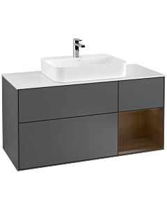 Villeroy und Boch Finion Waschtischunterschrank F421GNGK 120cm, Abdeckplatte white matt, Regal rechts Walnut veneer, Anthracite matt