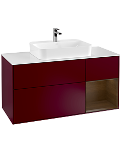 Villeroy und Boch Finion Waschtischunterschrank F421GNHB 120cm, Abdeckplatte white matt, Regal rechts Walnut veneer, Peony Matt