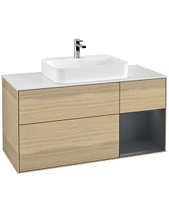 Villeroy und Boch Finion Waschtischunterschrank F421HGPC 120cm, Abdeckplatte white matt, Regal rechts Midnight Blue Matt Lacquer, Oak Veneer