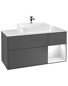 Villeroy und Boch Finion Waschtischunterschrank F421MTGK 120cm, Abdeckplatte white matt, Regal rechts White matt lacquer, Anthracite matt