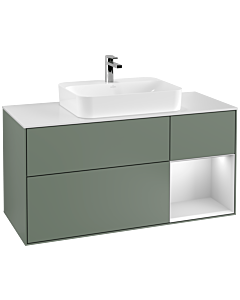Villeroy und Boch Finion Waschtischunterschrank F421MTGM 120cm, Abdeckplatte white matt, Regal rechts White matt lacquer, Olive Matt Lacquer