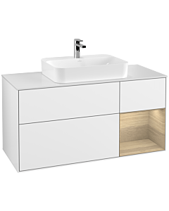 Villeroy und Boch Finion Waschtischunterschrank F421PCGF 120cm, Abdeckplatte white matt, Regal rechts Oak Veneer, Glossy white lacquer