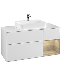 Villeroy und Boch Finion Waschtischunterschrank F421PCMT 120cm, Abdeckplatte white matt, Regal rechts Oak Veneer, White matt lacquer