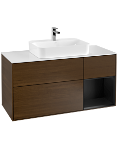 Villeroy und Boch Finion Villeroy und Boch F421PDGN 120cm, plaque de recouvrement blanc mat, étagère à droite laqué noir mat, placage noyer