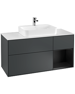 Villeroy und Boch Finion Waschtischunterschrank F421PDHG 120cm, Abdeckplatte white matt, Regal rechts Black matt lacquer, Midnight Blue Matt Lacquer