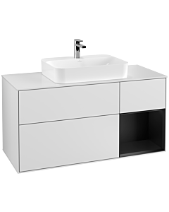 Villeroy und Boch Finion Villeroy und Boch F421PDMT 120cm, plaque de recouvrement blanc mat, étagère à droite laqué noir mat, laqué blanc mat