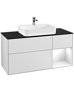 Villeroy und Boch Finion Waschtischunterschrank F422GFMT 120cm, Abdeckplatte black matt, Regal rechts Glossy white lacquer, White matt lacquer