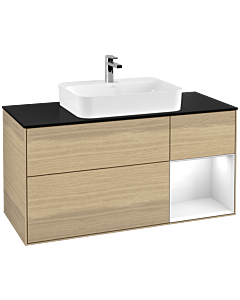 Villeroy und Boch Finion Waschtischunterschrank F422GFPC 120cm, Abdeckplatte black matt, Regal rechts Glossy white lacquer, Oak Veneer