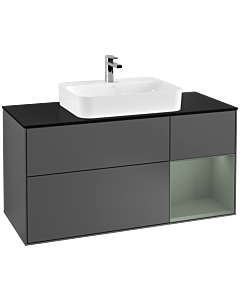 Villeroy und Boch Finion Waschtischunterschrank F422GMGK 120cm, Abdeckplatte black matt, Regal rechts Olive Matt Lacquer, Anthracite matt