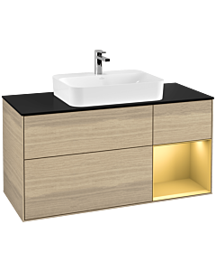 Villeroy und Boch Finion Waschtischunterschrank F422HFPC 120cm, Abdeckplatte black matt, Regal rechts Gold matt, Oak Veneer
