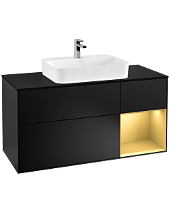 Villeroy und Boch Finion Waschtischunterschrank F422HFPD 120cm, Abdeckplatte black matt, Regal rechts Gold matt, Black matt lacquer