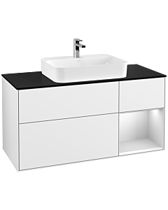Villeroy und Boch Finion Waschtischunterschrank F422MTGF 120cm, Abdeckplatte black matt, Regal rechts White matt lacquer, Glossy white lacquer
