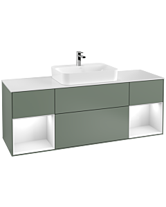Villeroy und Boch Finion Villeroy und Boch F451GFGM 160x60,3cm, plaque de finition blanc mat, étagères laqué blanc brillant, Olive Matt Lacquer