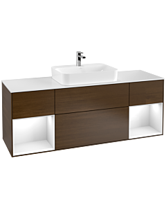 Villeroy und Boch Finion Waschtischunterschrank F451GFGN 160x60,3cm, Abdeckplatte white matt, Regale Glossy white lacquer, Walnut veneer