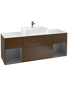 Villeroy und Boch Finion Waschtischunterschrank F451GKGN 160x60,3cm, Abdeckplatte white matt, Regale Anthracite matt lacquer, Walnut veneer