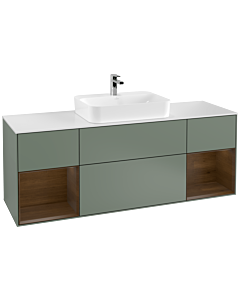 Villeroy und Boch Finion Waschtischunterschrank F451GNGM 160x60,3cm, Abdeckplatte white matt, Regale Walnut veneer, Olive Matt Lacquer