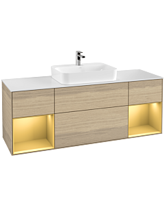 Villeroy und Boch Finion Waschtischunterschrank F451HFPC 160x60,3cm, Abdeckplatte white matt, Regale Gold matt lacquer, Oak Veneer
