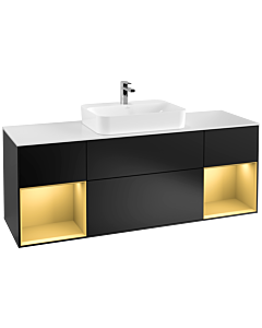 Villeroy und Boch Finion Villeroy und Boch F451HFPD 160x60,3cm, plaque de finition blanc mat, étagères laqué mat doré, laqué noir mat