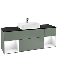 Villeroy und Boch Finion Villeroy und Boch F452GFGM 160x60,3cm, plaque de finition noir mat, étagères laqué blanc brillant, Olive Matt Lacquer