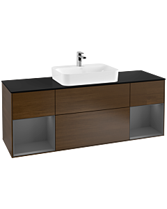 Villeroy und Boch Finion Waschtischunterschrank F452GKGN 160x60,3cm, Abdeckplatte black matt, Regale Anthracite matt lacquer, Walnut veneer