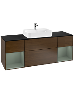 Villeroy und Boch Finion Waschtischunterschrank F452GMGN 160x60,3cm, Abdeckplatte black matt, Regale Olive matt lacquer, Walnut veneer