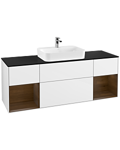 Villeroy und Boch Finion Waschtischunterschrank F452GNGF 160x60,3cm, Abdeckplatte black matt, Regale Walnut veneer, Glossy white lacquer